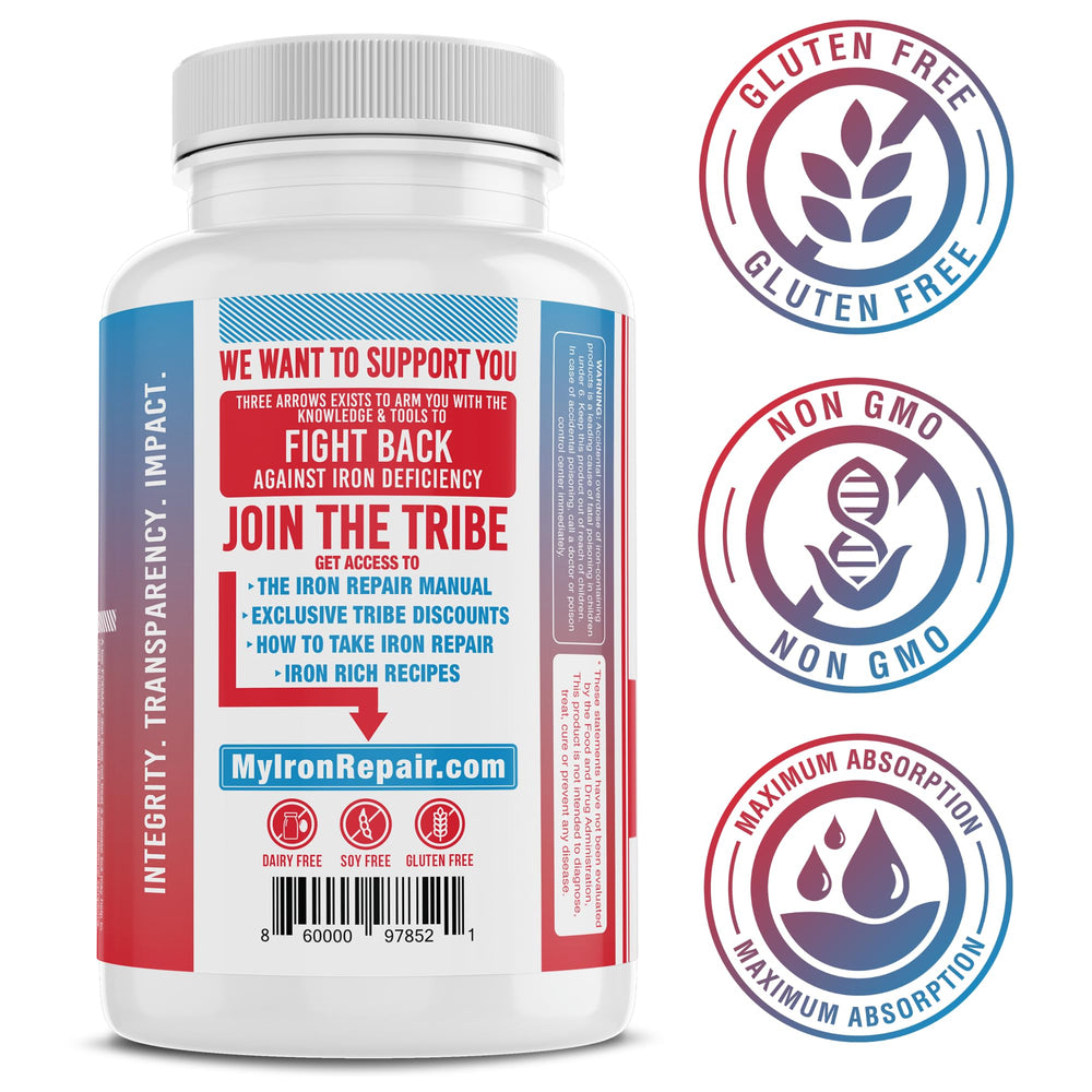 Three Arrows label detail highlighting heme iron, methyl B-12, folate benefits for absorption