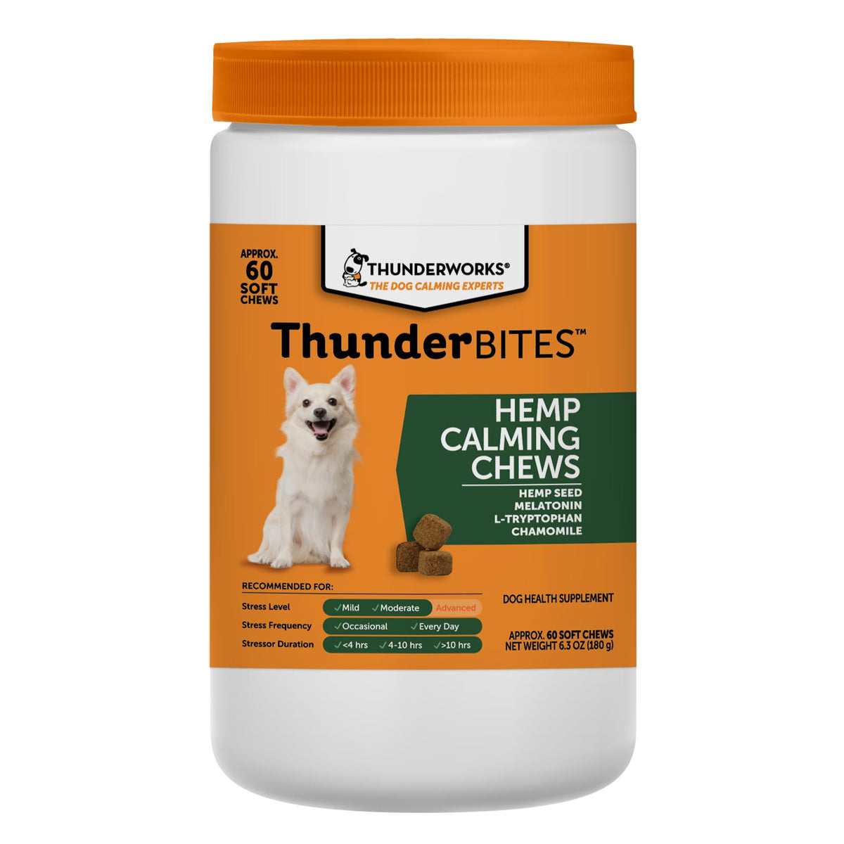 ThunderBites front packaging showing 60 count and calming benefits