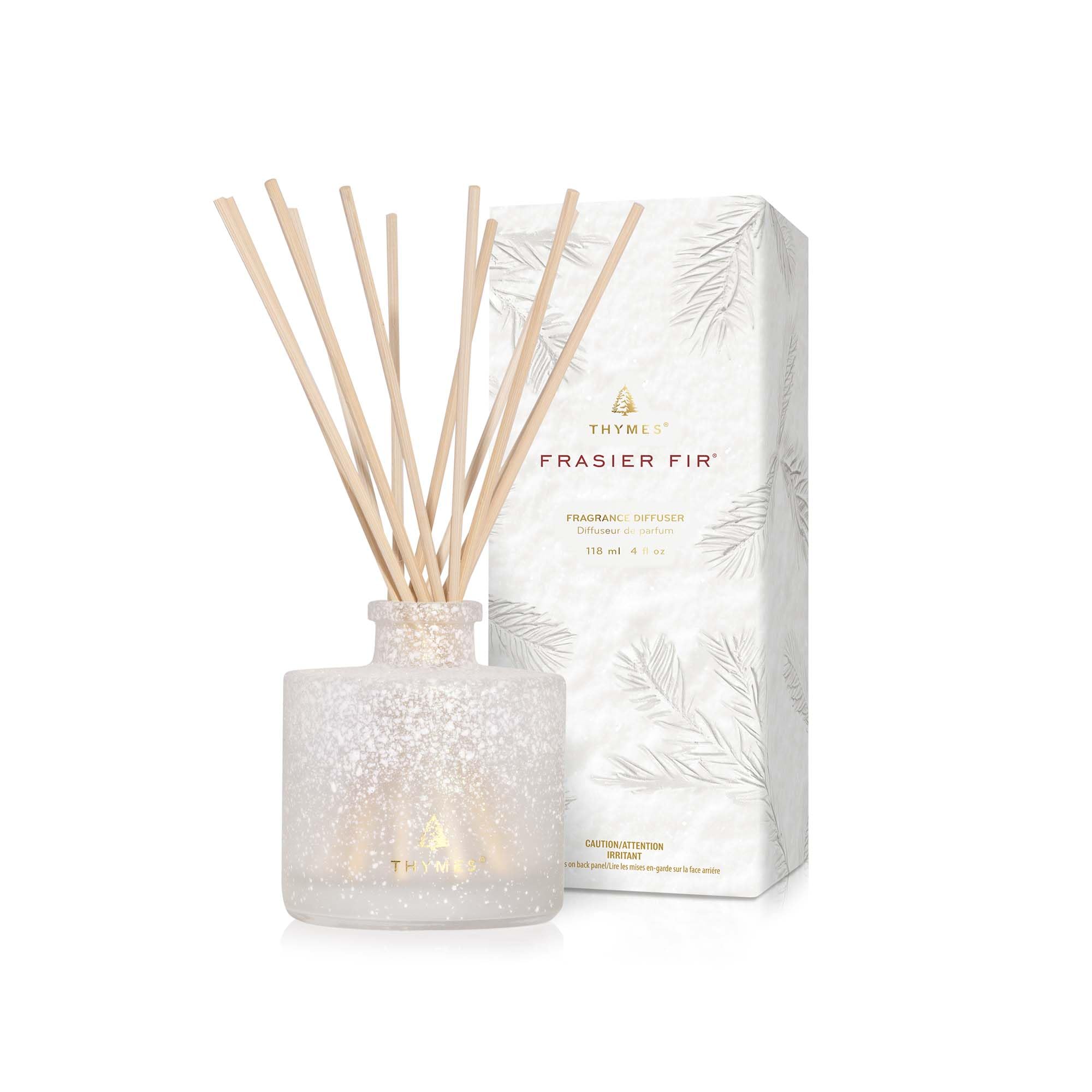 Thymes Frasier Fir front view frosted bottle shows elegant decor and continuous scent