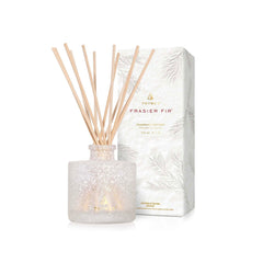 Thymes Frasier Fir front view frosted bottle shows elegant decor and continuous scent