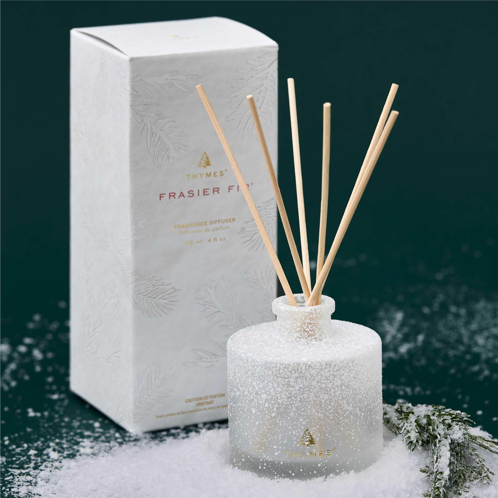 Thymes Frasier Fir frosted glass texture detail highlights refined finish and durability