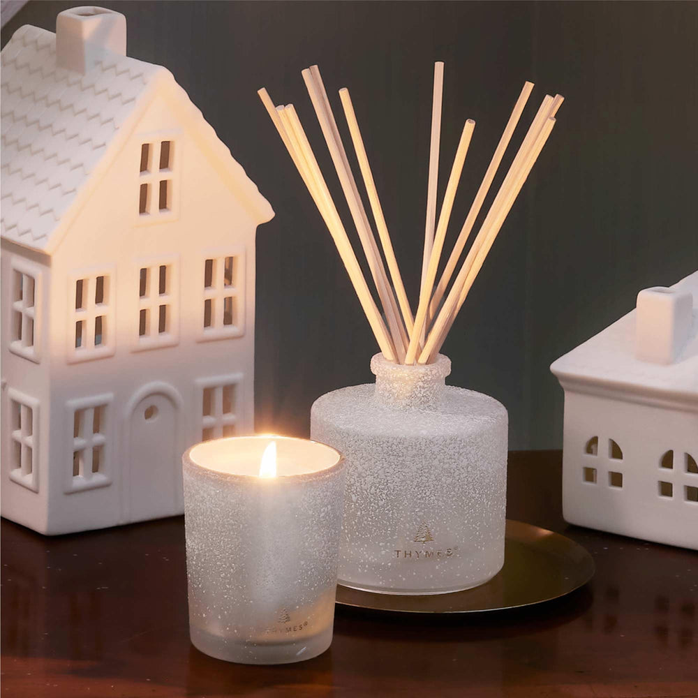 Thymes Frasier Fir pouring fragrance oil into bottle demonstrates easy, flameless setup
