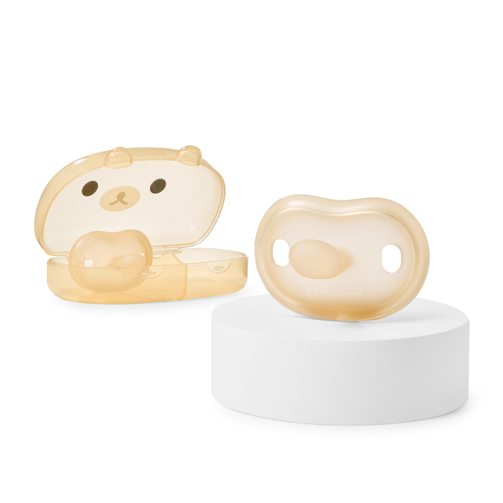 thyseed front view packaging shows compact pacifier for easy storage