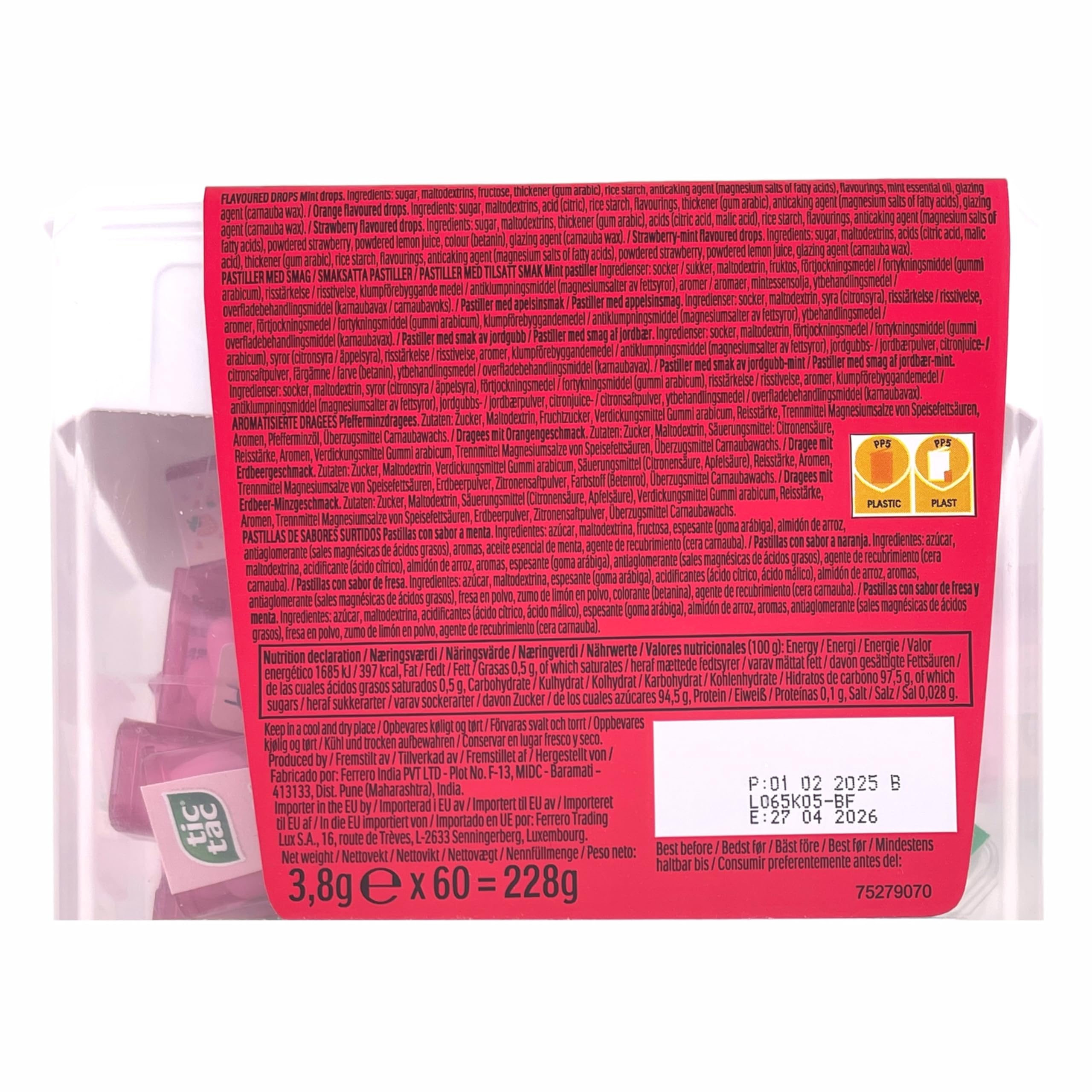 Tic Tac label and nutrition panel close-up showing ingredient transparency and info