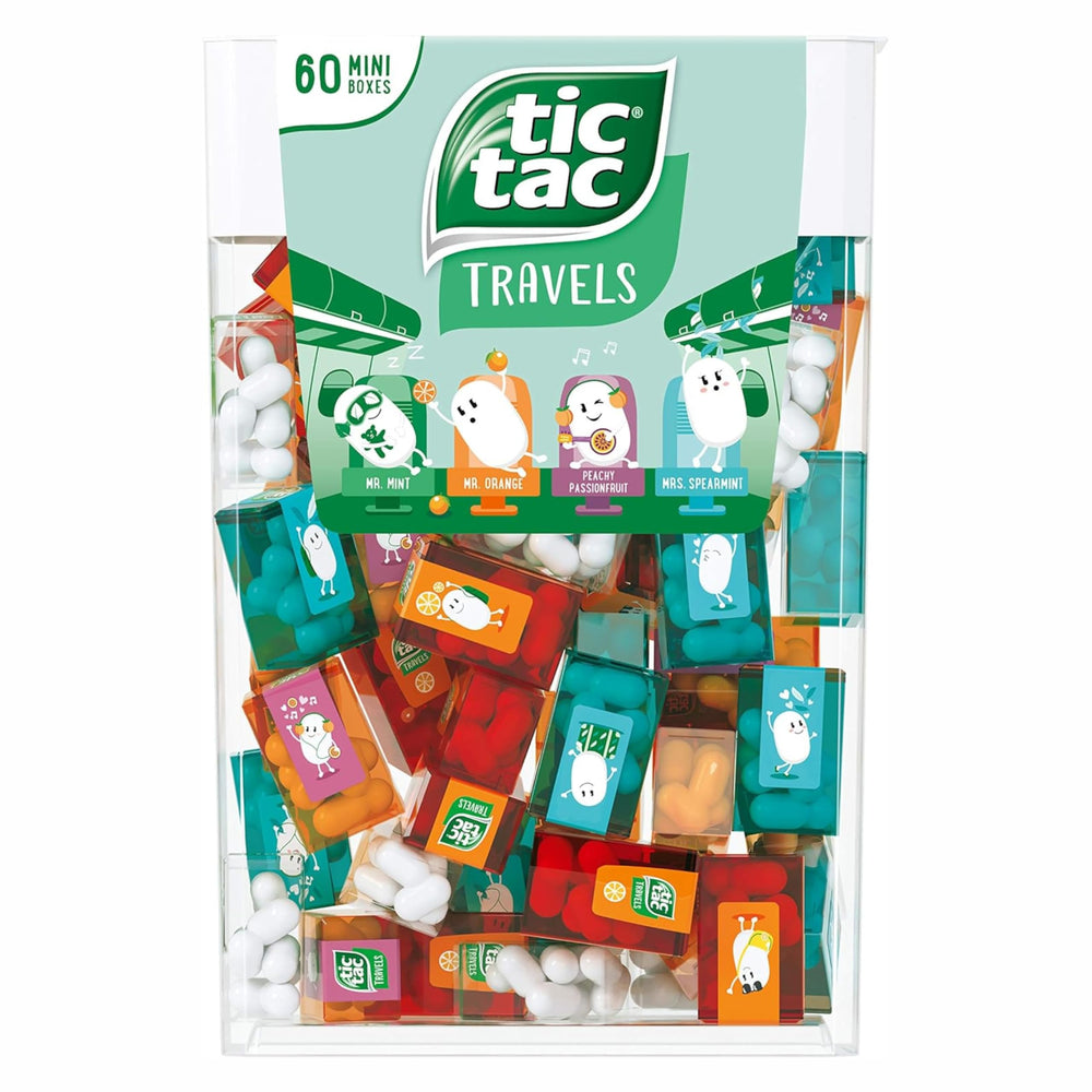 Tic Tac front carton showing 60 mini boxes and five flavors for easy stocking