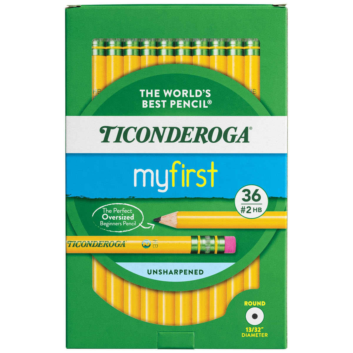 Ticonderoga front packaging showing 36 yellow pencils and product clarity benefit