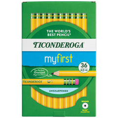 Ticonderoga front packaging showing 36 yellow pencils and product clarity benefit