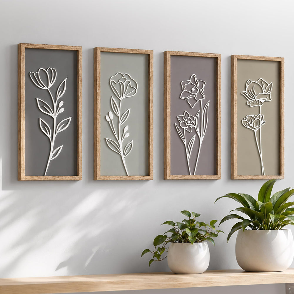 Tide and Tales front view showing four framed floral panels and calming neutral colors