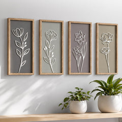 Tide and Tales front view showing four framed floral panels and calming neutral colors