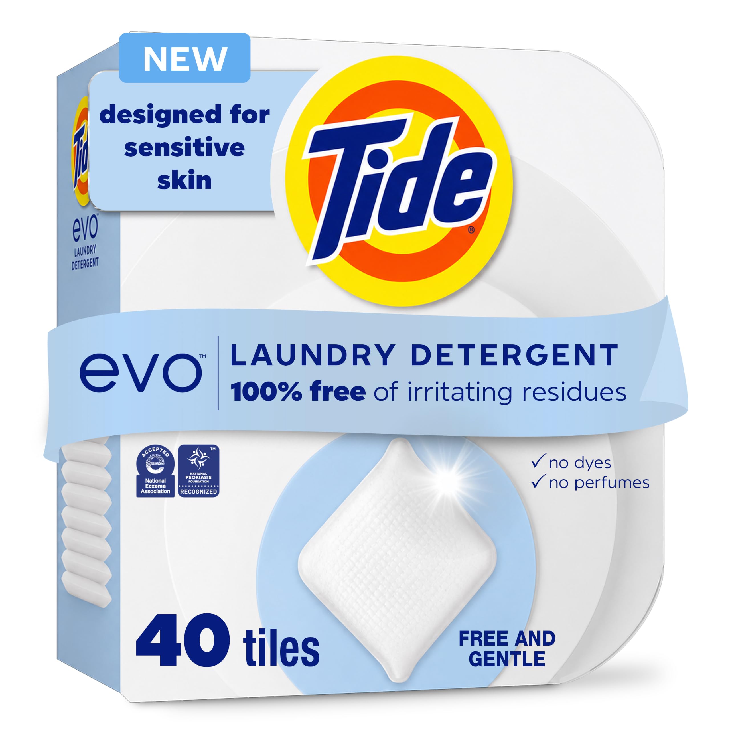 Tide evo front box showing count and gentle formula benefit