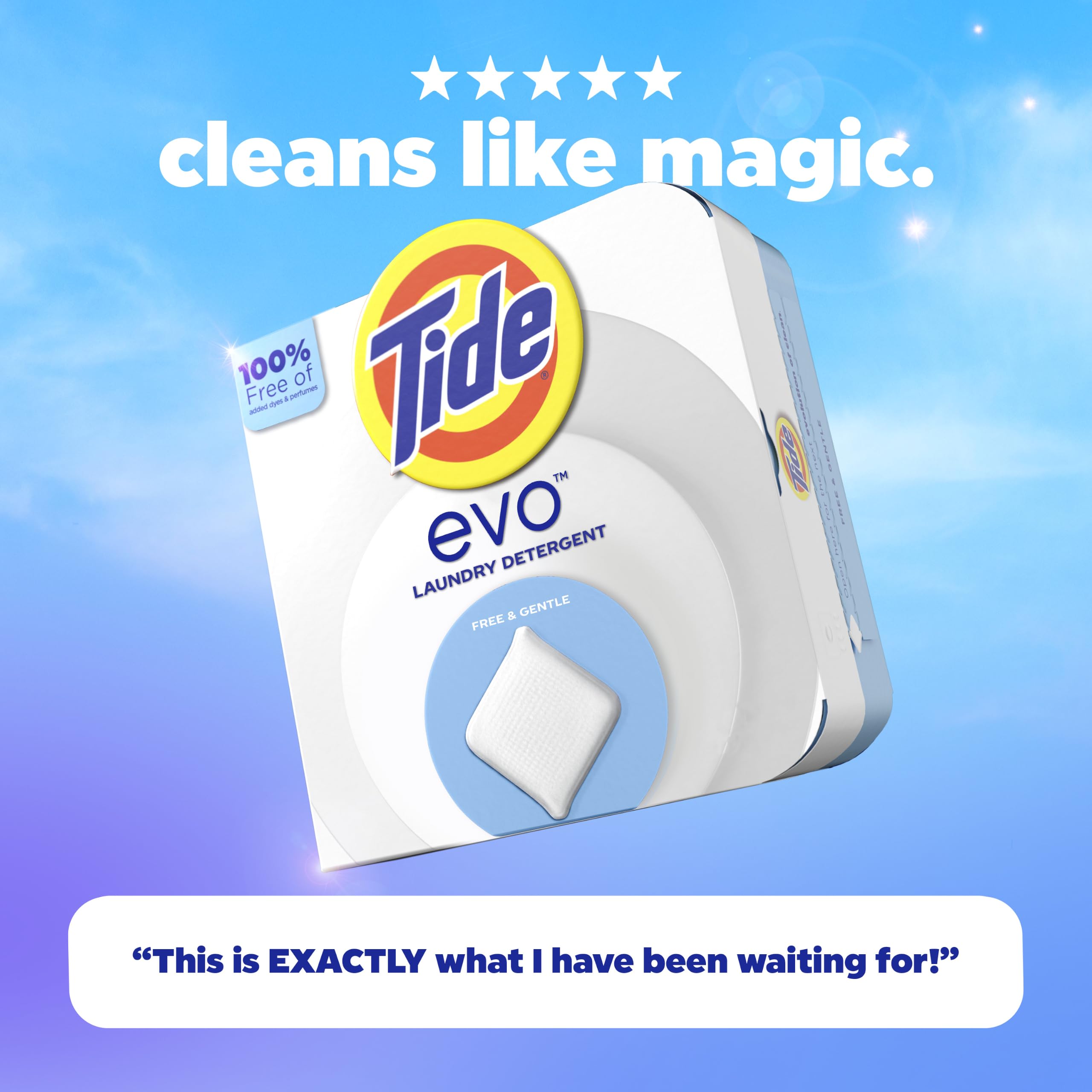 Tide evo Free & Gentle label focused on hypoallergenic benefit
