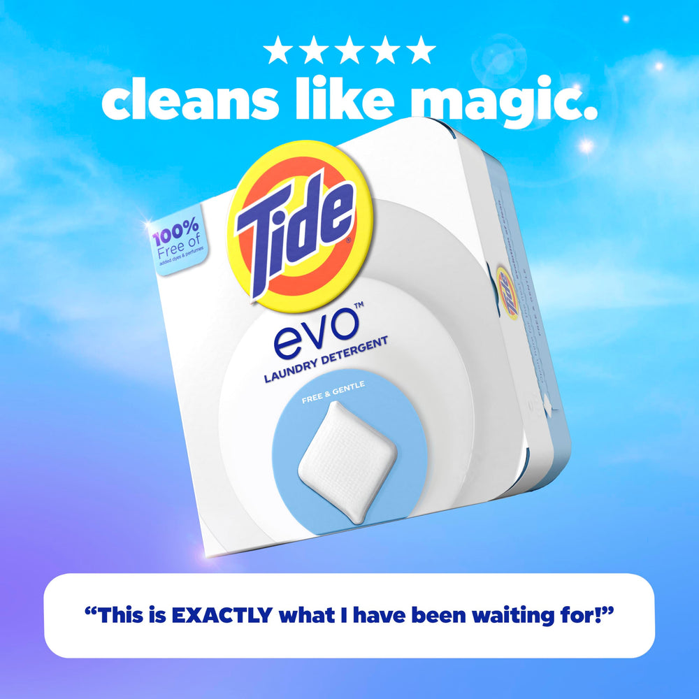 Tide evo Free & Gentle label focused on hypoallergenic benefit