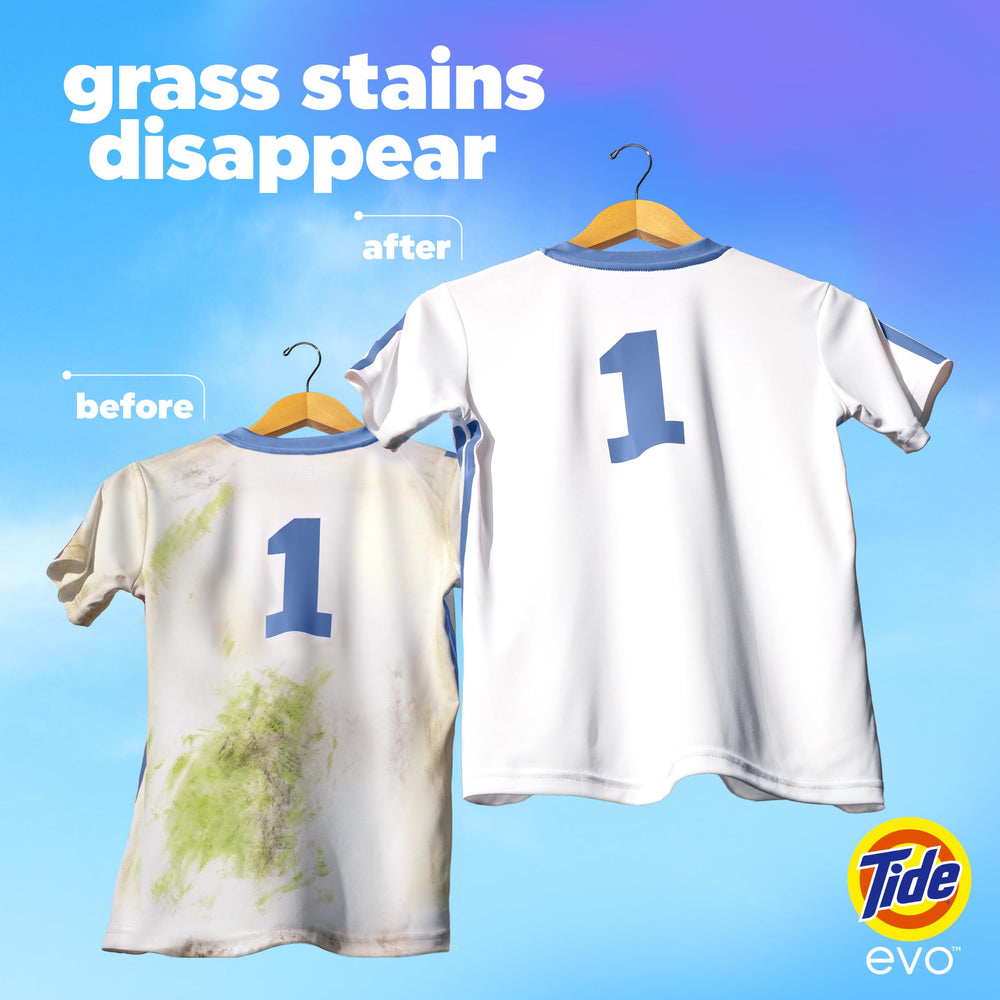Tide evo before and after stain comparison showing cleaning power