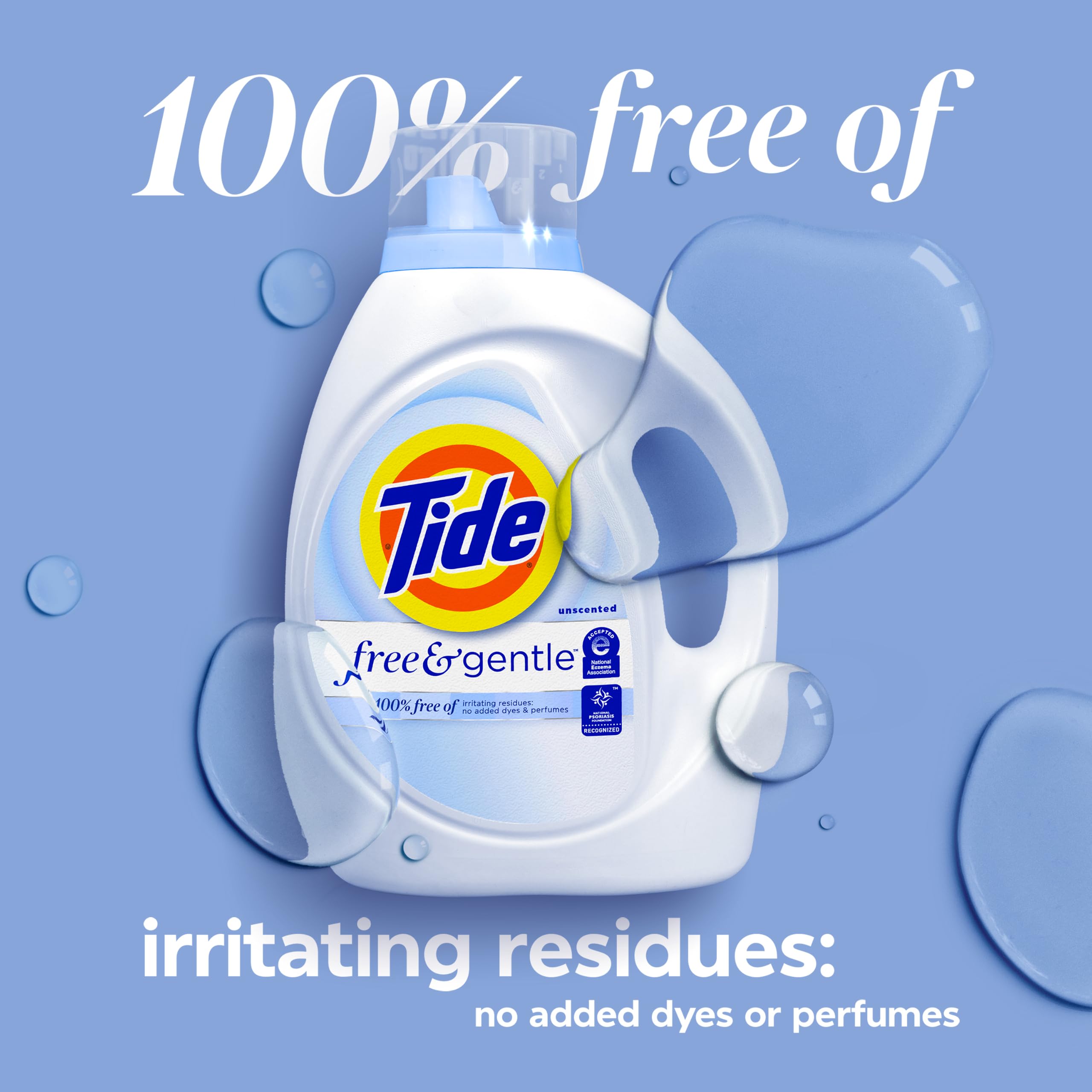 Close-up of ingredient label on Tide Free & Gentle verifying dye-free formula