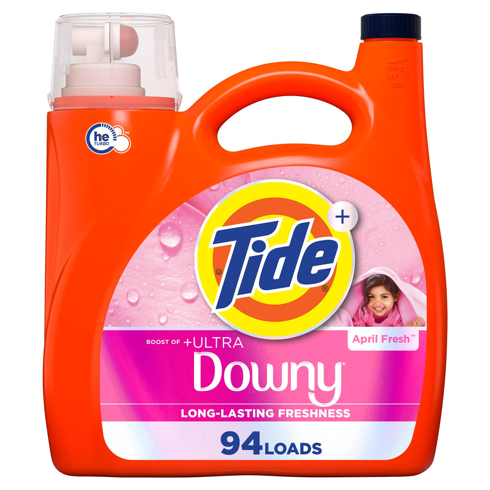 Tide bottle front label showing Tide Plus Downy and April Fresh benefits