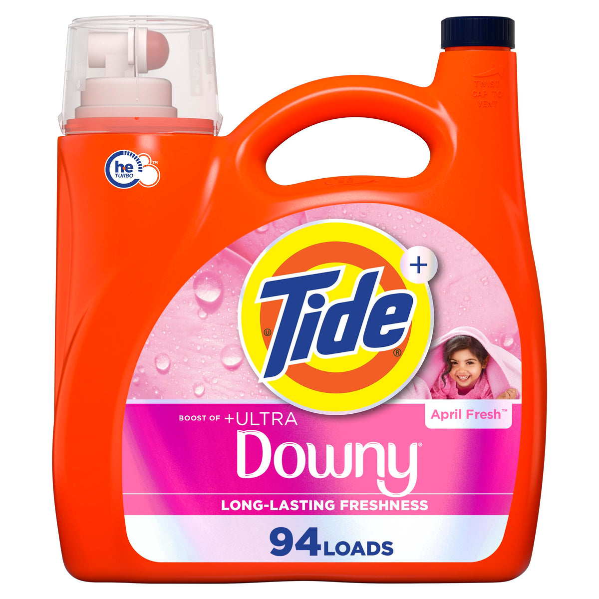 Tide bottle front label showing Tide Plus Downy and April Fresh benefits