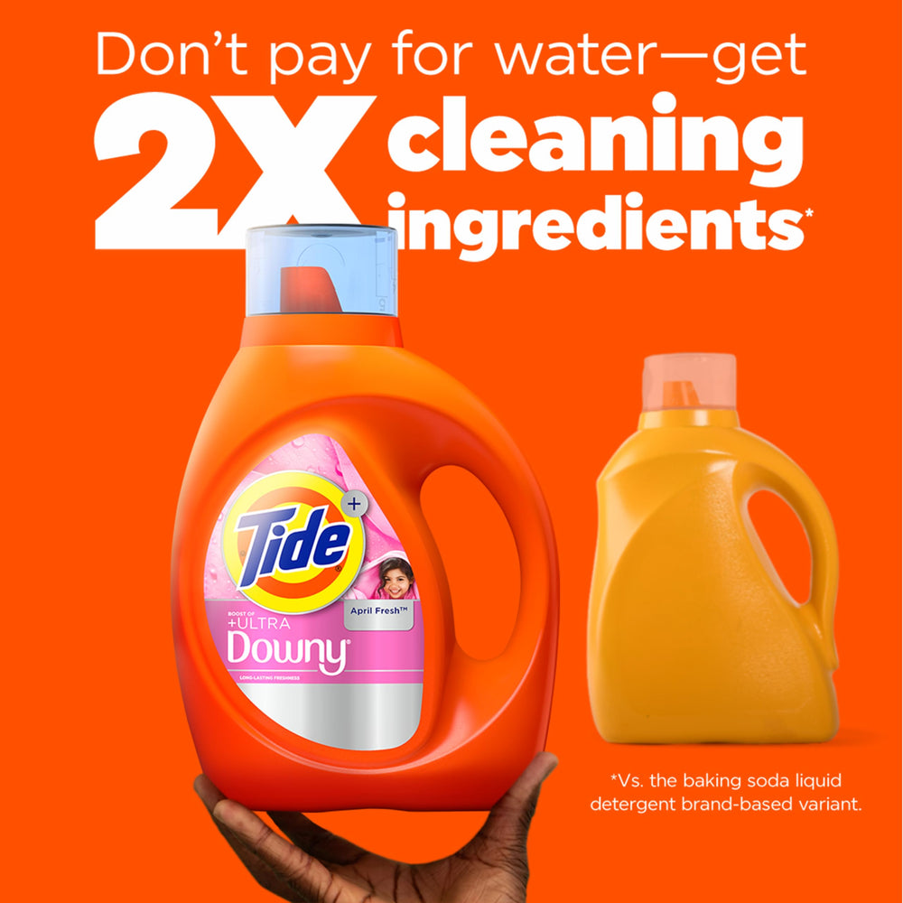 Tide bottle placed beside a running washing machine showing compatibility