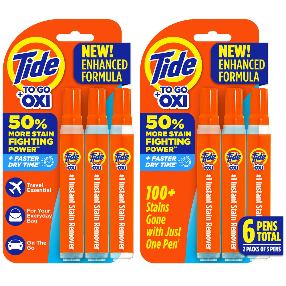 Tide To Go front packaging showing three pens and compact pack benefits