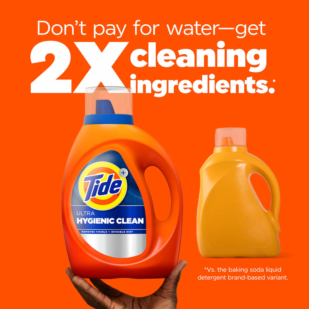 Tide Ultra Hygienic Clean clear measuring cap close-up for easy dosing and accurate pours