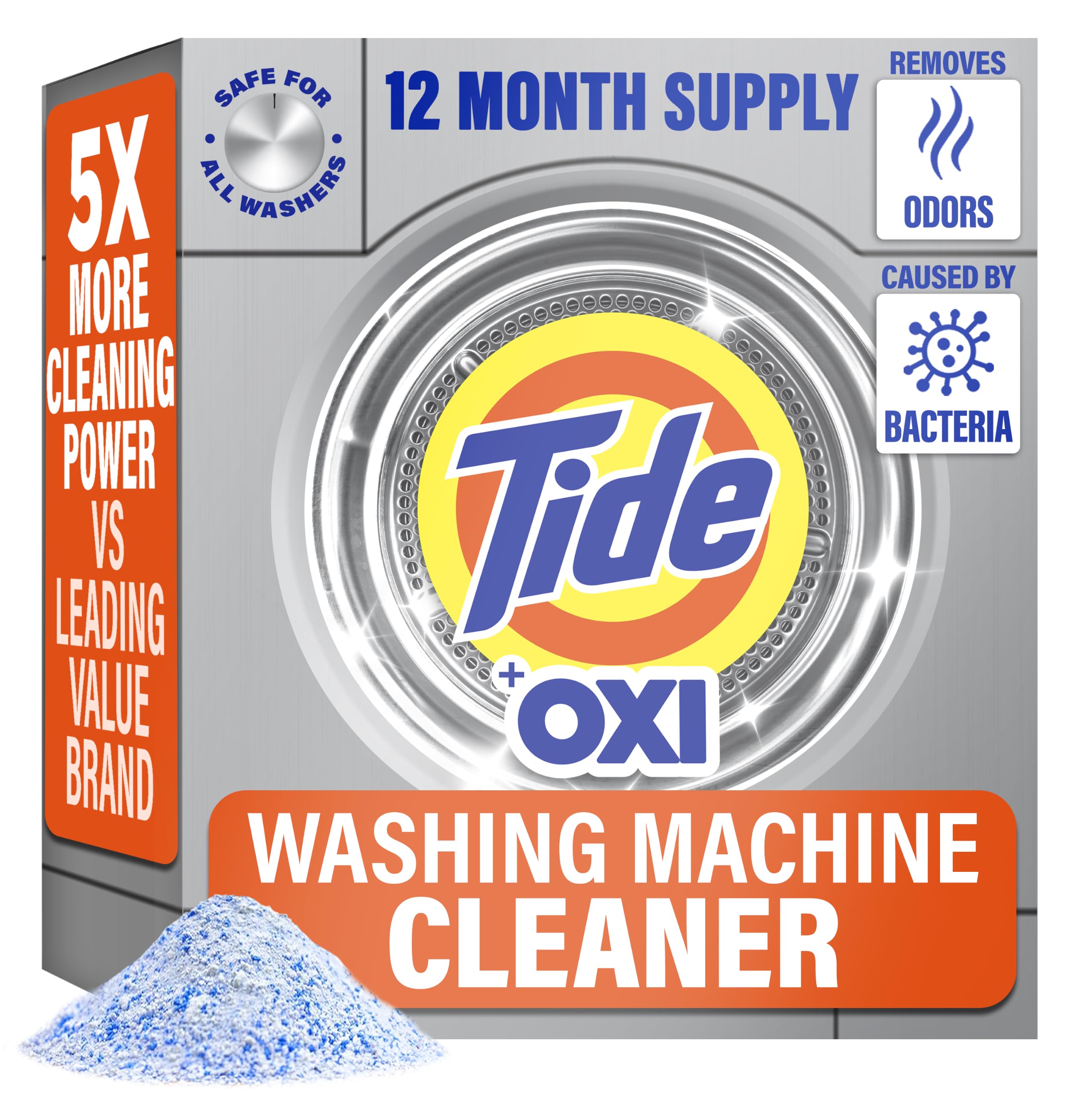 Tide washing machine cleaner front view of 52 week packet box showing contents and branding for convenient maintenance