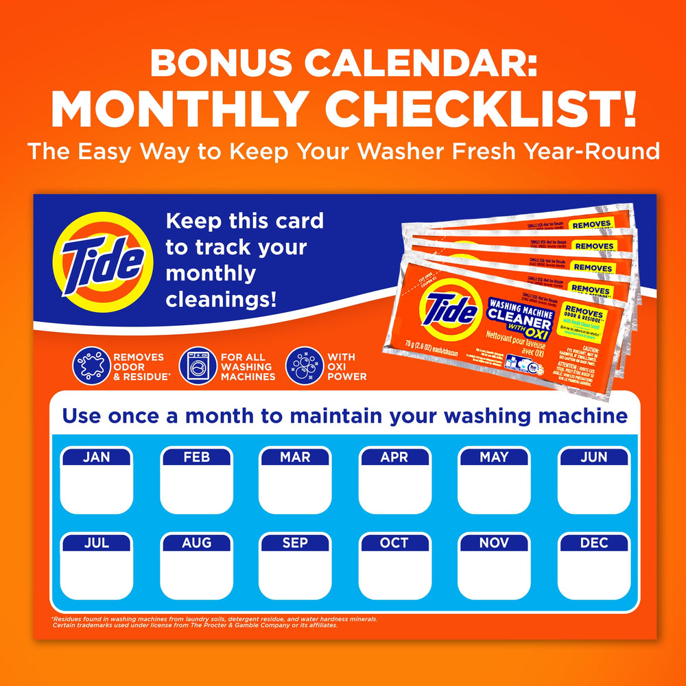 Tide washing machine cleaner on laundry room shelf next to washer indicating easy routine use and fresher laundry