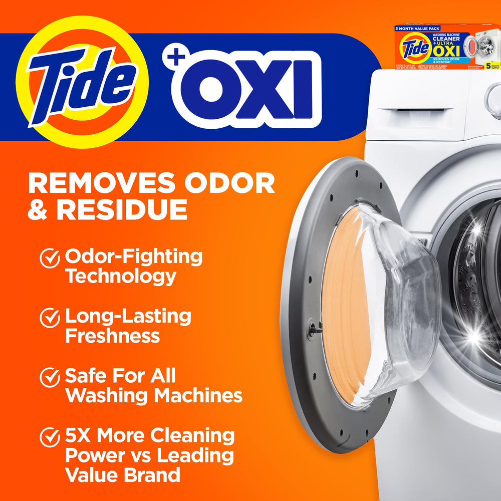Tide washing machine cleaner open packet dissolving in water to show quick activation and targeted residue removal