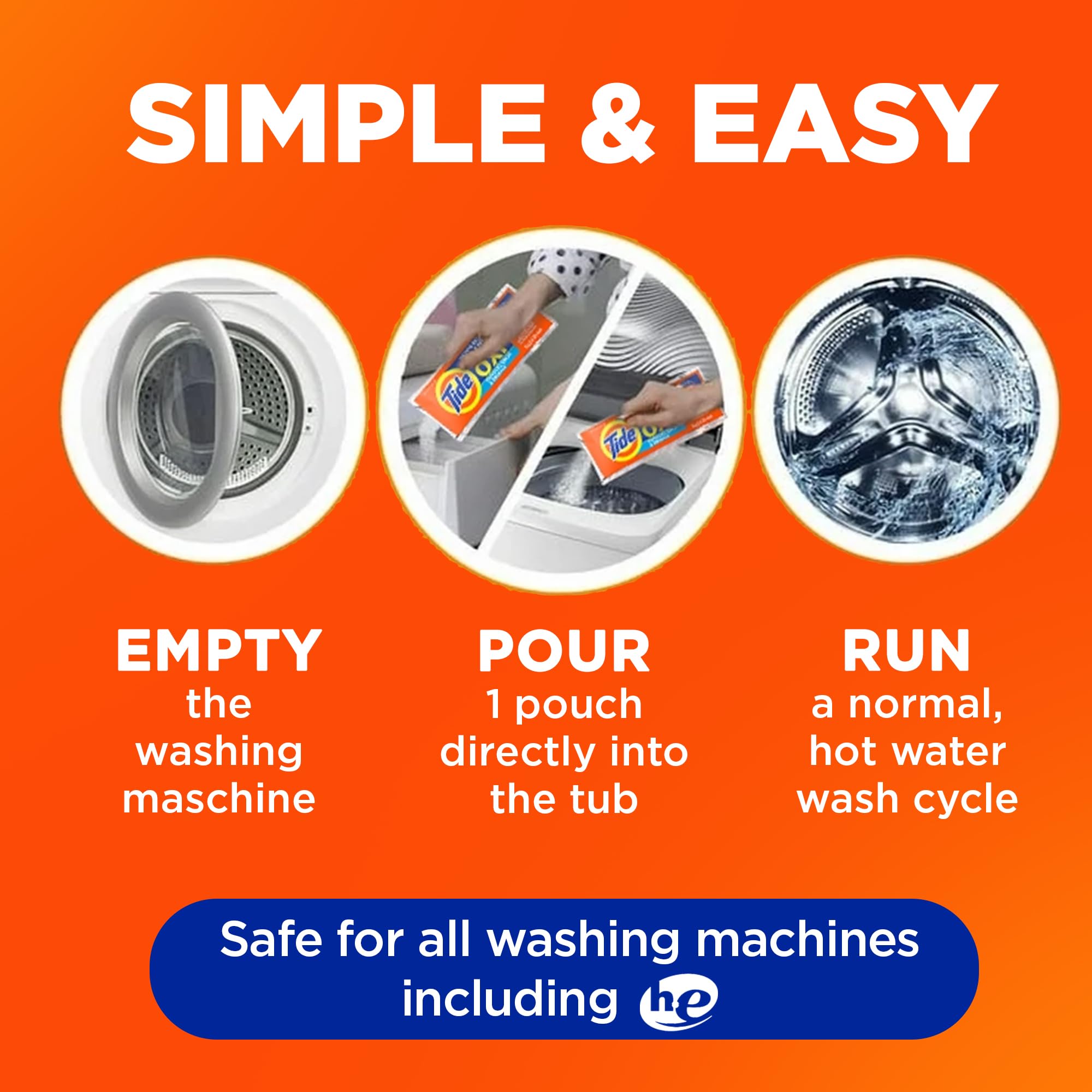 Tide washing machine cleaner crate with packets for 12 month supply showing scale and storage convenience