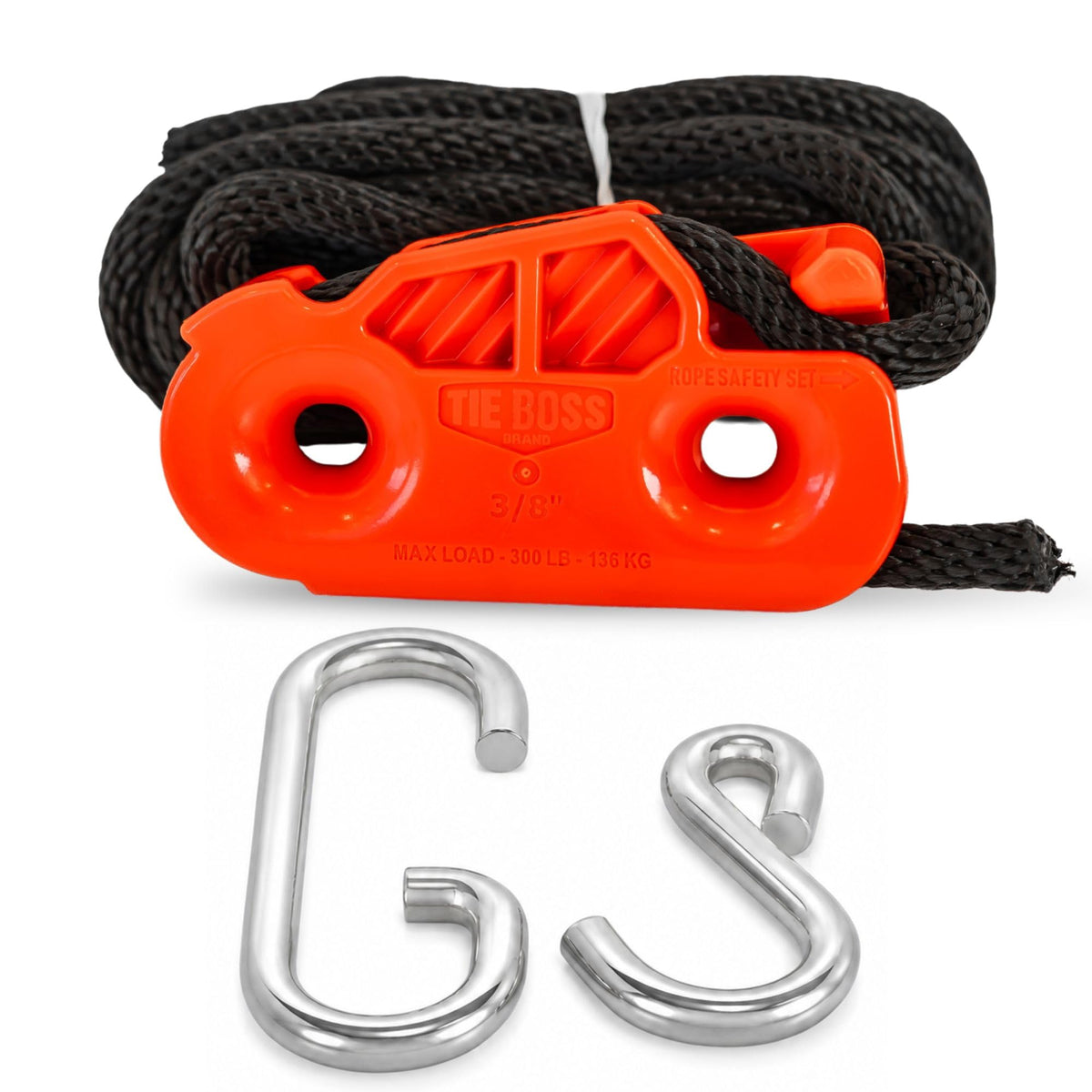 Tie Boss front view showing orange jam cleat and rope, sturdy secure hold