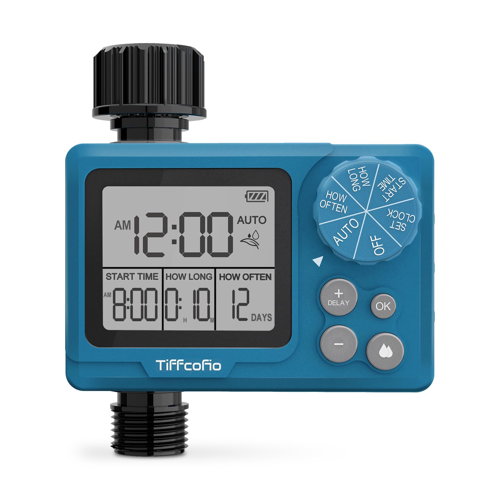 Tiffcofio front view showing timer and clear controls for easy scheduling