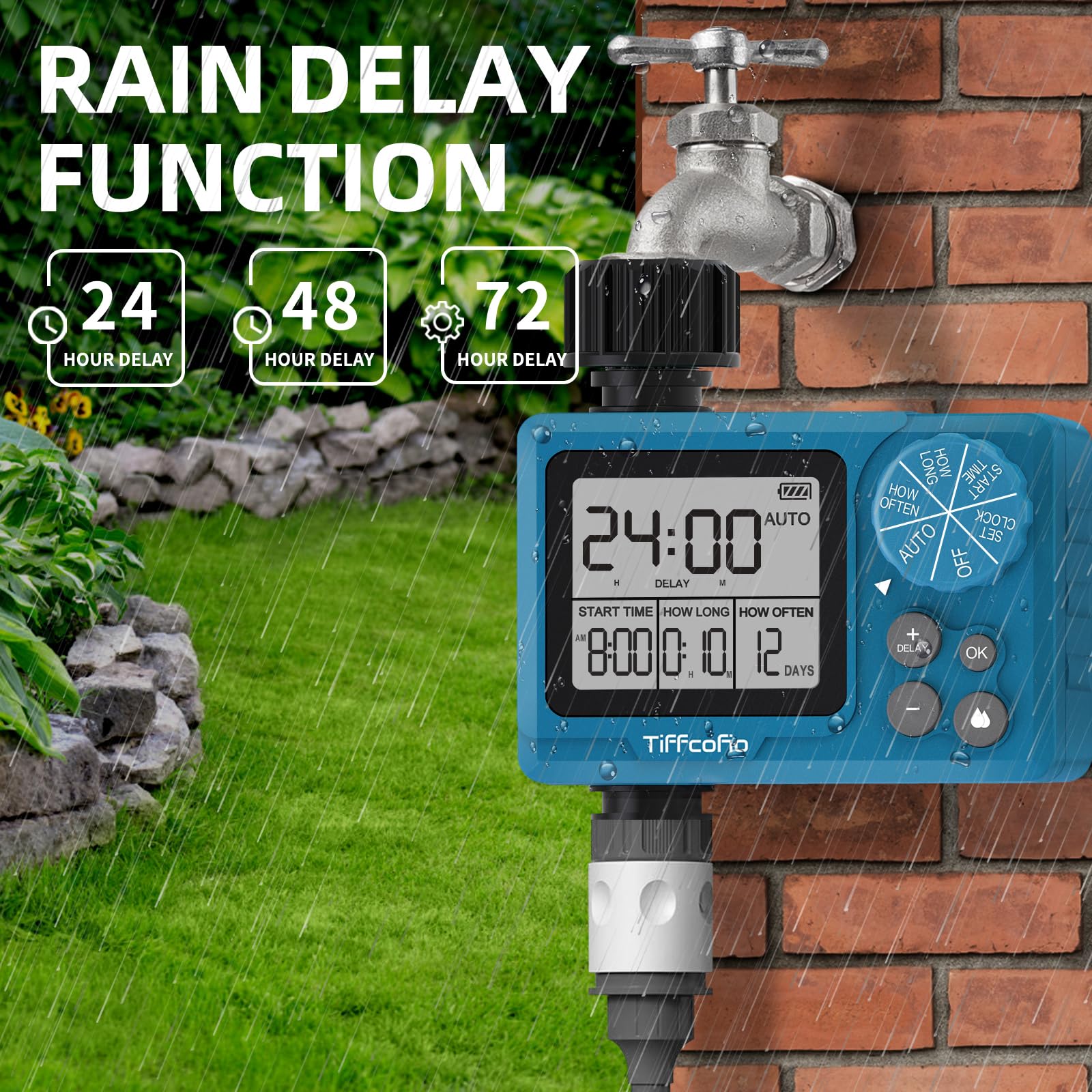Tiffcofio with garden hose attached showing automated watering in action