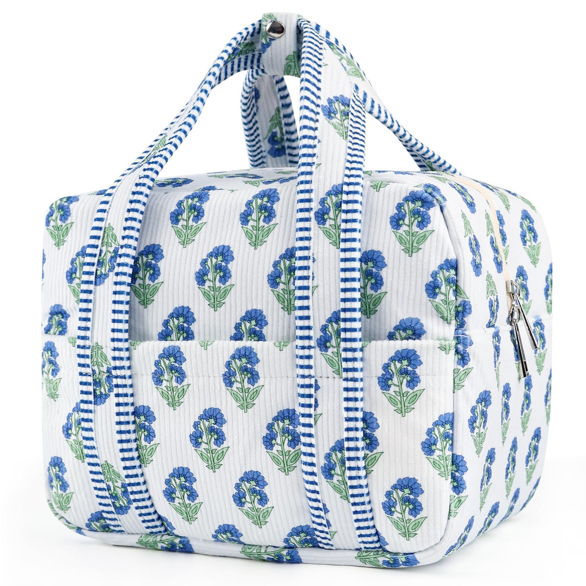 TIFFYONEK front view of floral corduroy lunch bag showing stylish design and practicality