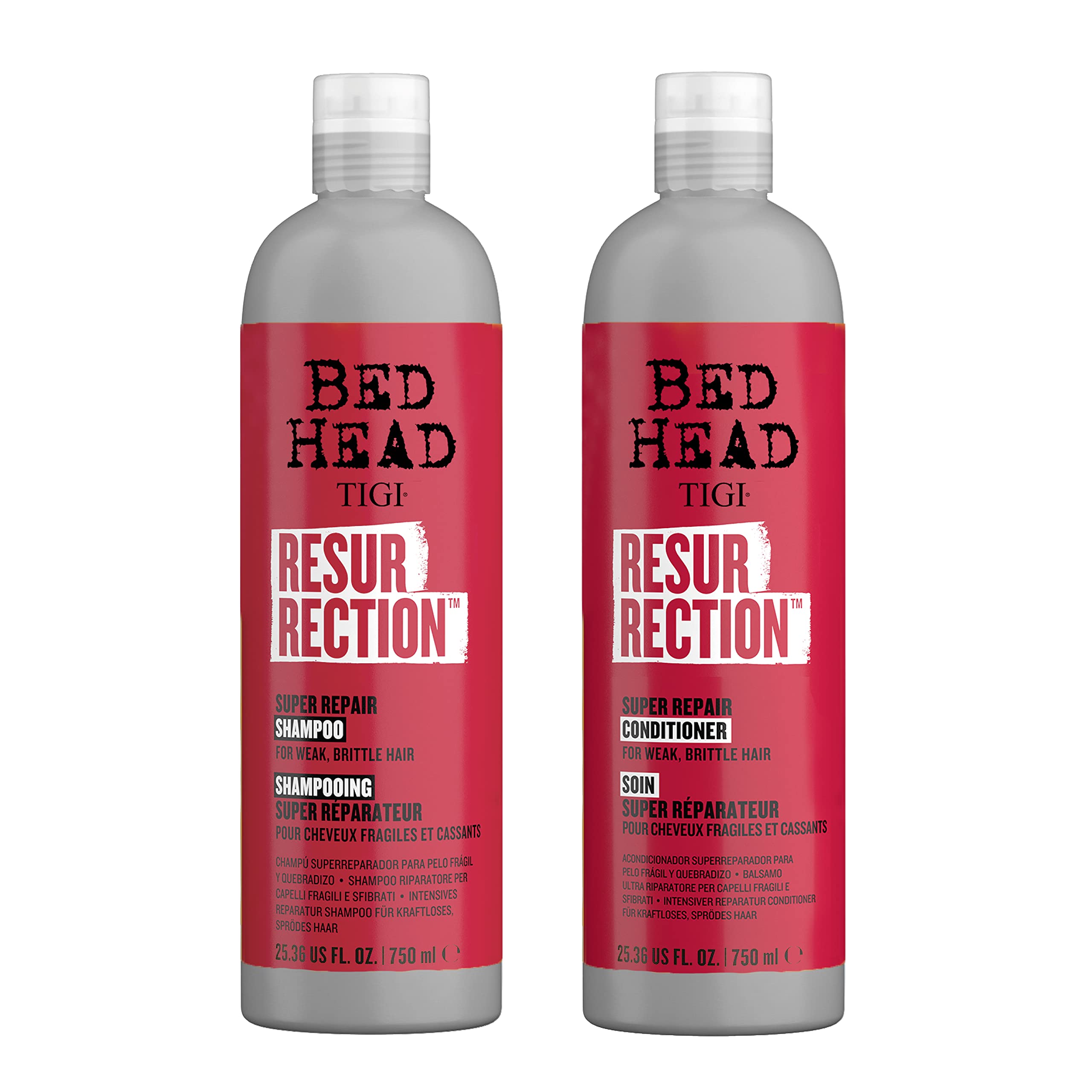 TIGI Bed Head Resurrection front packaging showing dual bottles and large size benefit