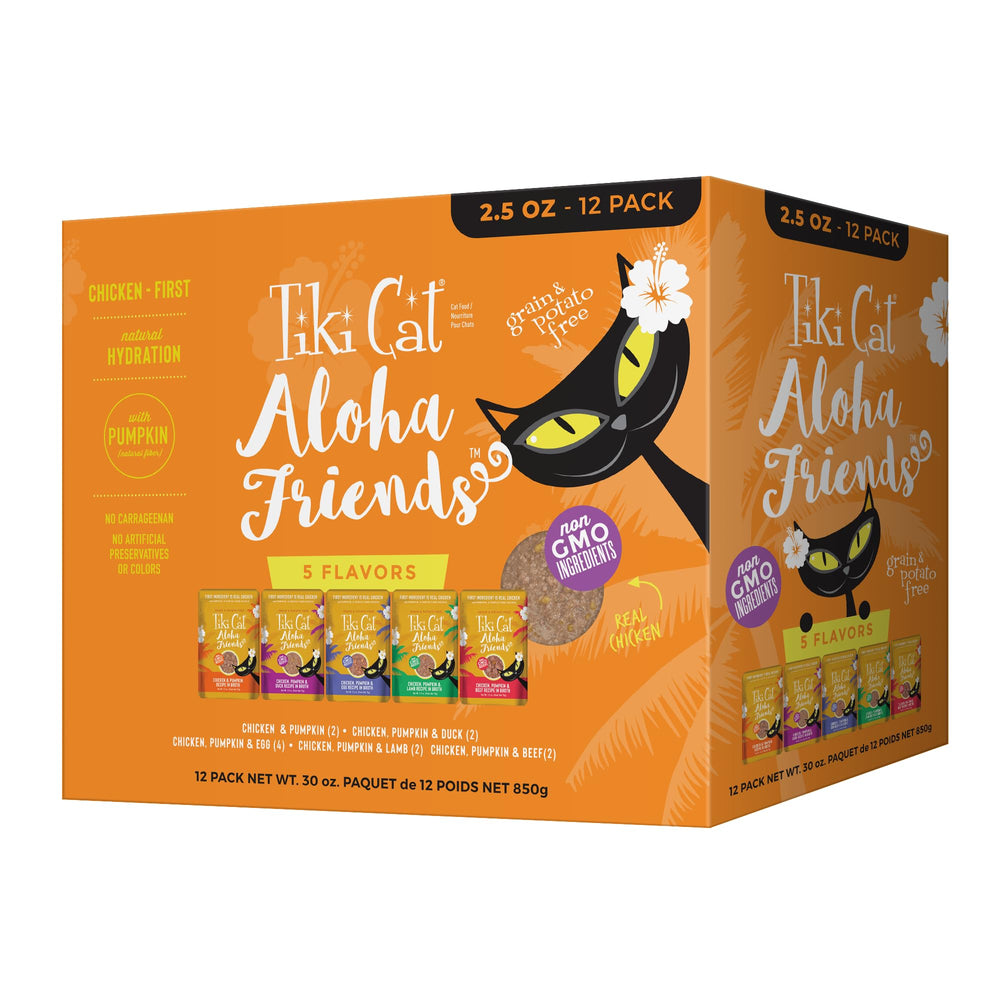 Tiki Cat front pack showing variety and convenient pouches for quick meals