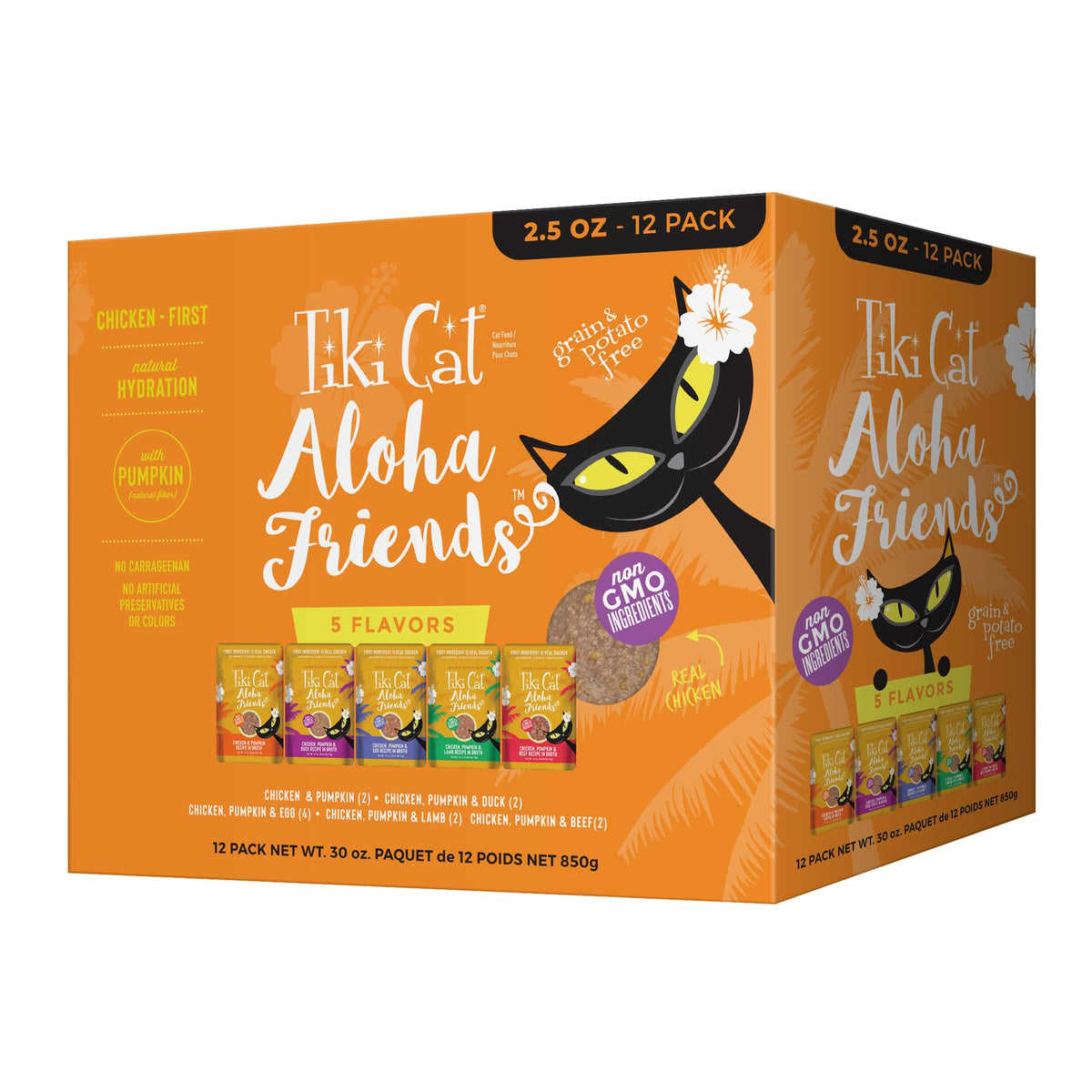 Tiki Cat front pack showing variety and convenient pouches for quick meals