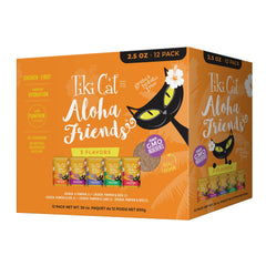 Tiki Cat front pack showing variety and convenient pouches for quick meals
