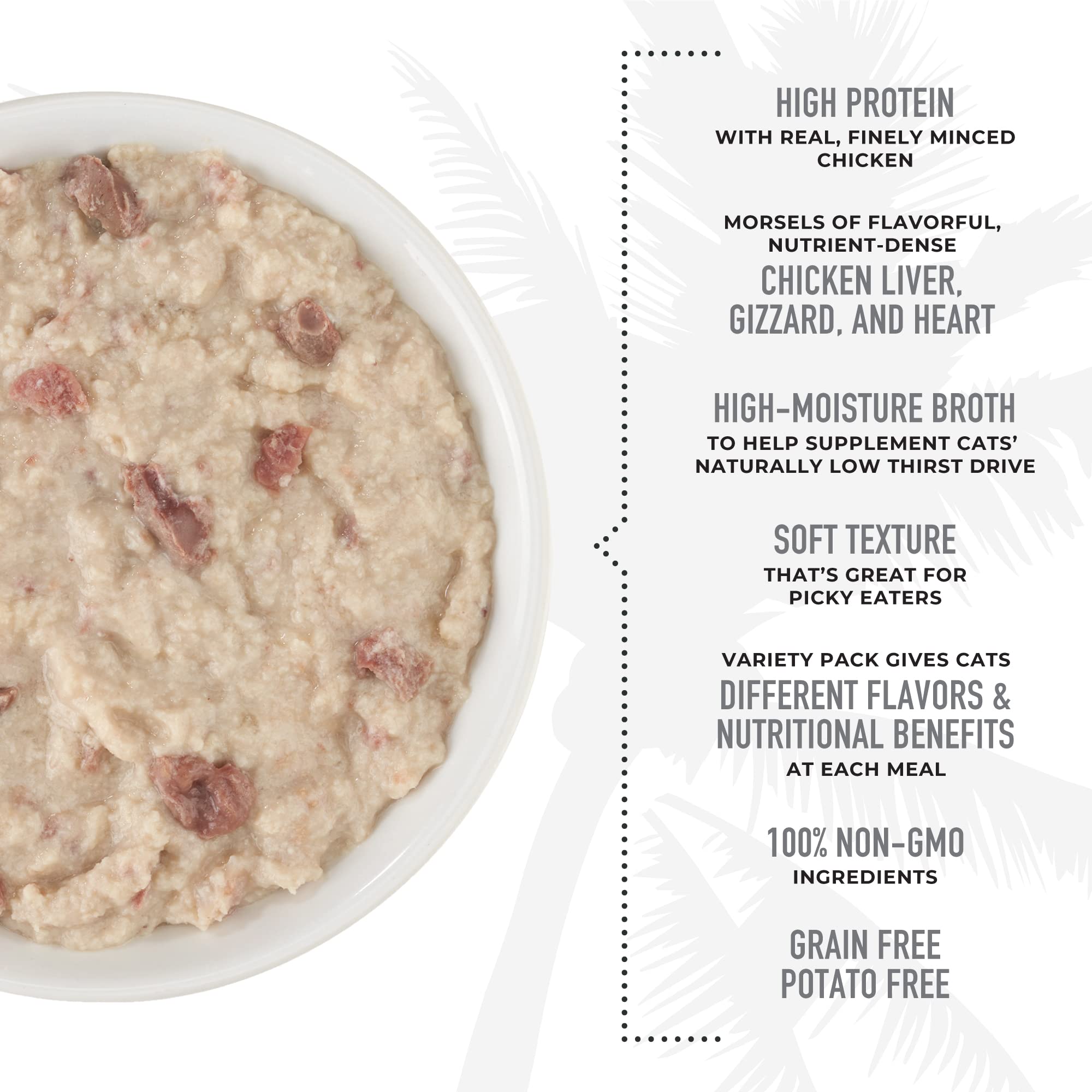 TIKI PETS can label close-up showing ingredients and grain-free, non-GMO benefits
