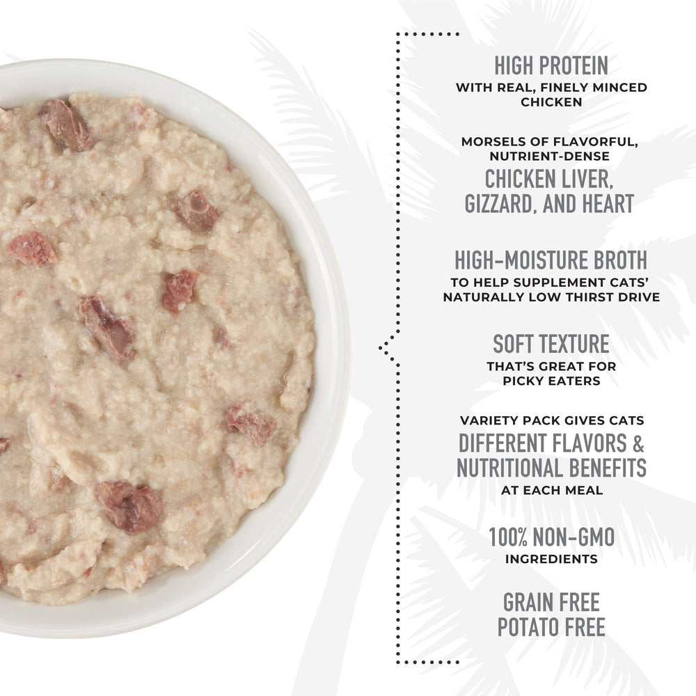 TIKI PETS can label close-up showing ingredients and grain-free, non-GMO benefits