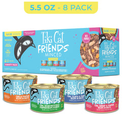 TIKI PETS opened can revealing shredded tuna in broth, demonstrates moisture and texture