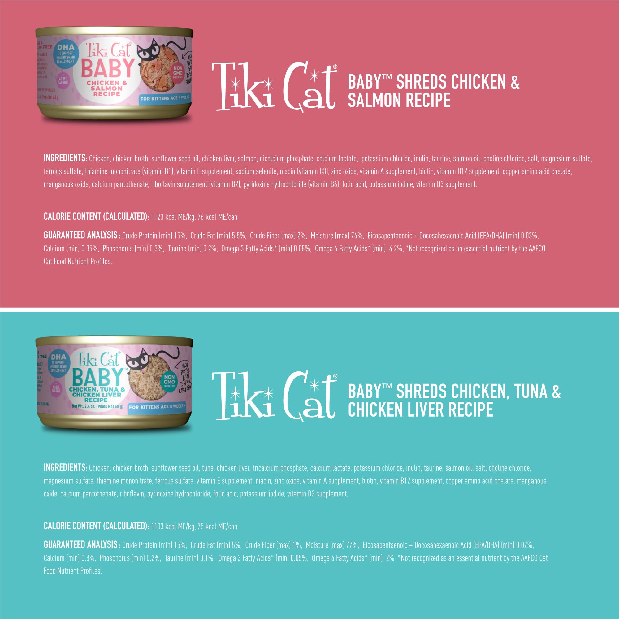 TIKI PETS ingredient label close-up highlighting non-GMO and no carrageenan