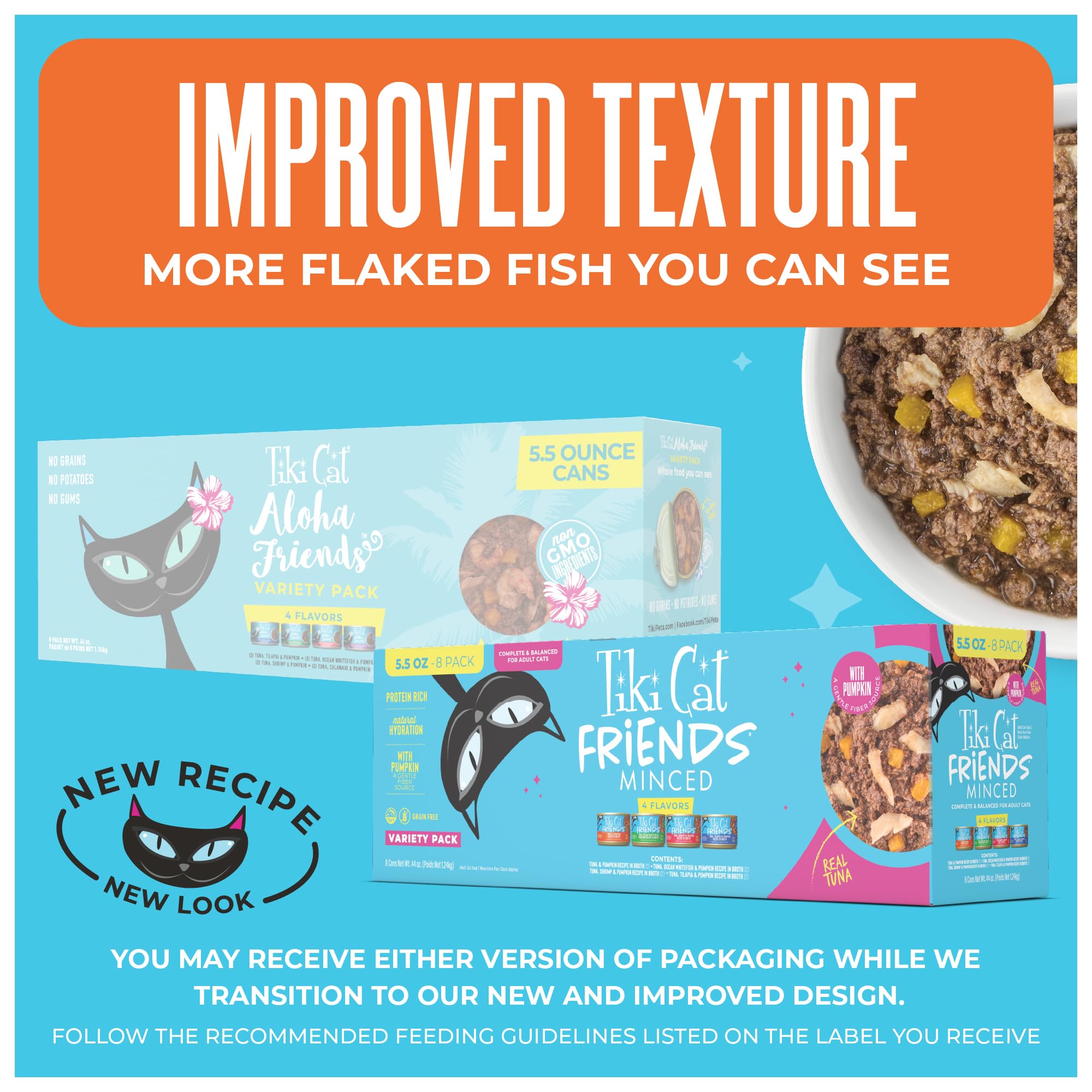 TIKI PETS close-up of real flaked tuna texture, highlights appetizing seafood pieces