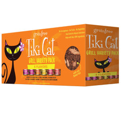 TIKI PETS front packaging of Tiki Cat Grill variety pack showing cans and branding benefits