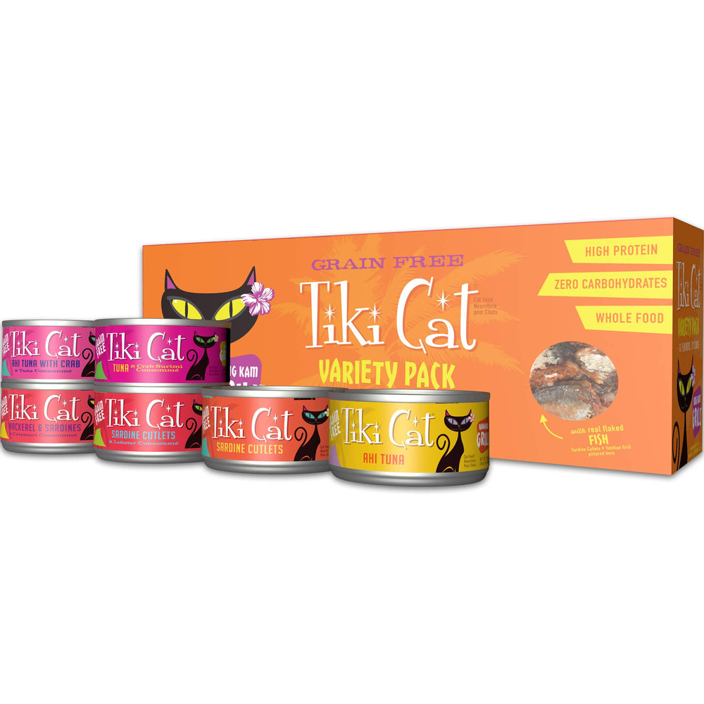 TIKI PETS label close-up showing ingredient-first meat listing and grain-free claim