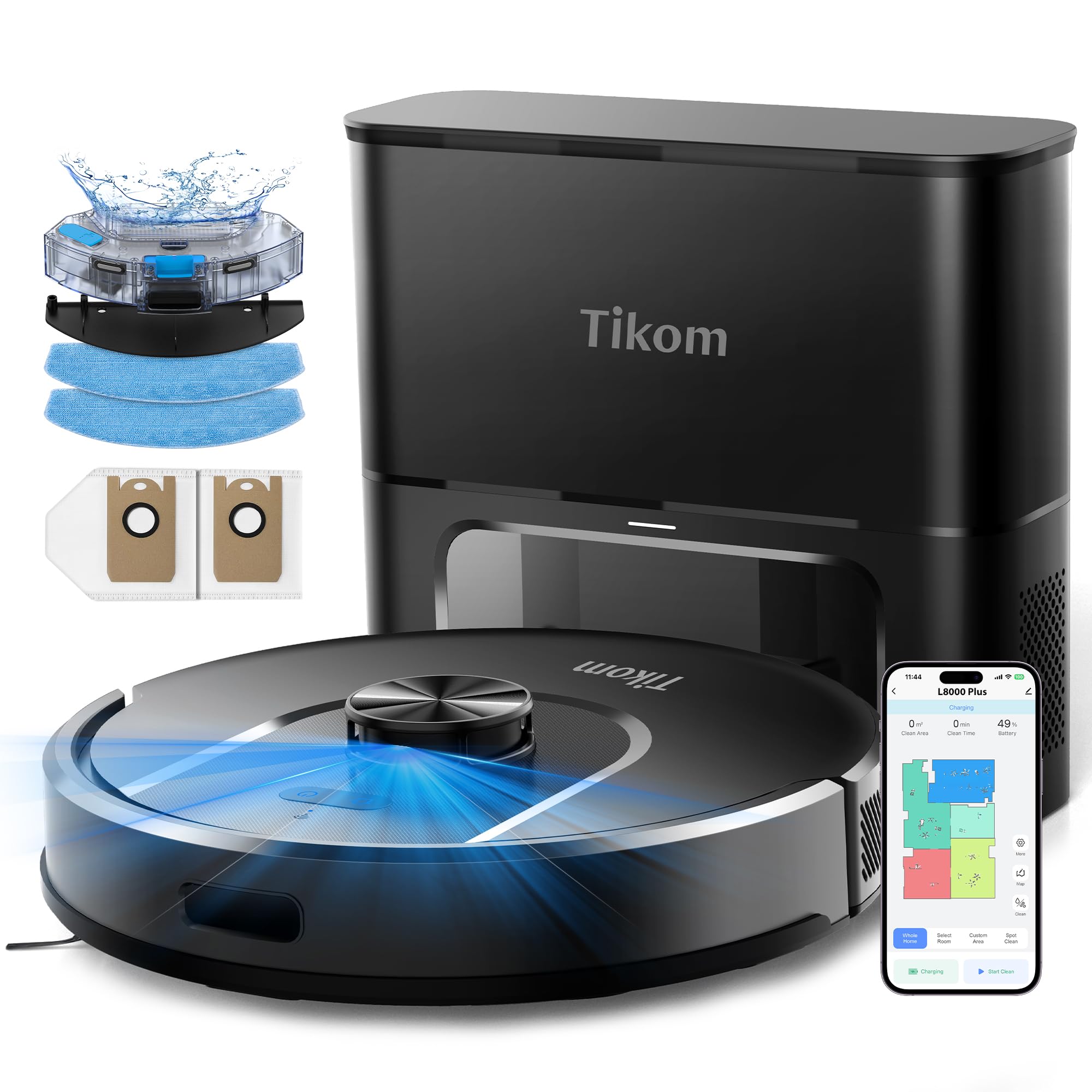 Tikom front view with self-emptying base showing hands-free convenience