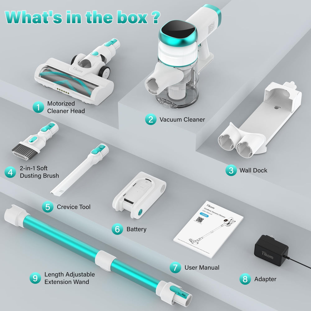 Tikom V500 included accessories laid out showing crevice tool brush wand and adapter