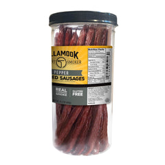 Open jar of Tillamook Country Smoker pepper sticks demonstrating easy access and resealable storage convenience