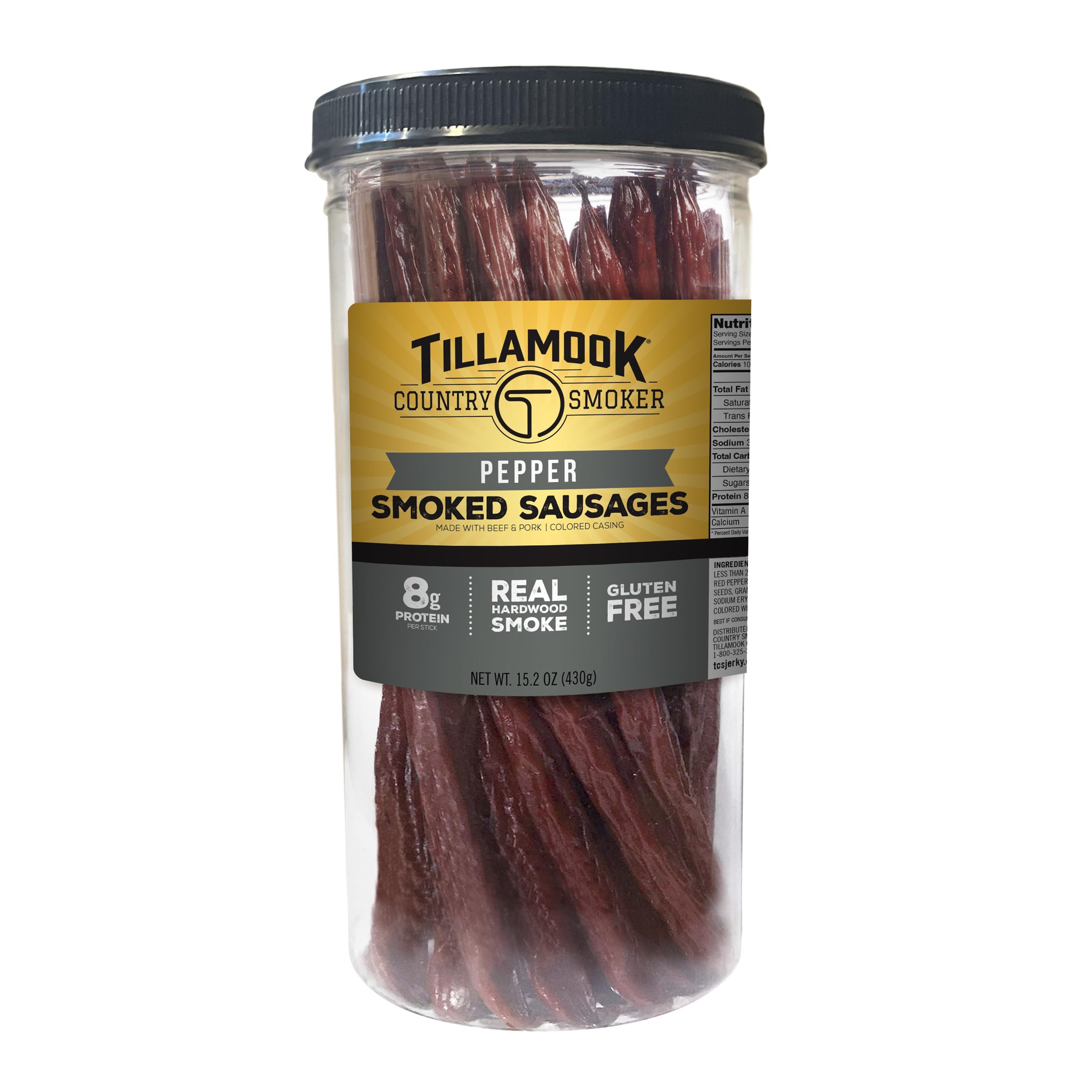 Tillamook Country Smoker tall jar front view showing pepper sticks and resealable lid for freshness