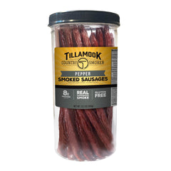 Tillamook Country Smoker tall jar front view showing pepper sticks and resealable lid for freshness