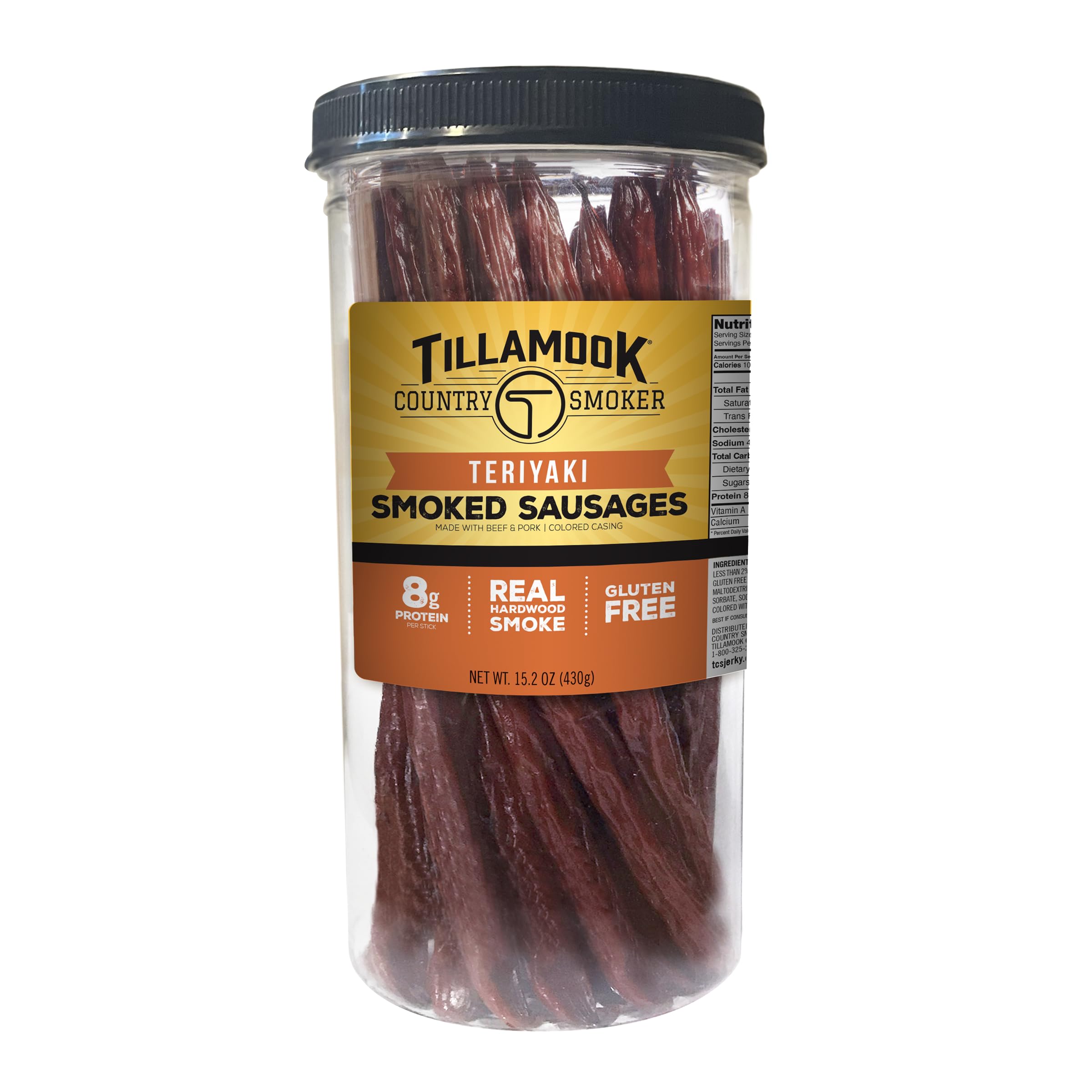 Tillamook Country Smoker tall jar front view showing teriyaki sticks and resealable lid benefit: easy storage