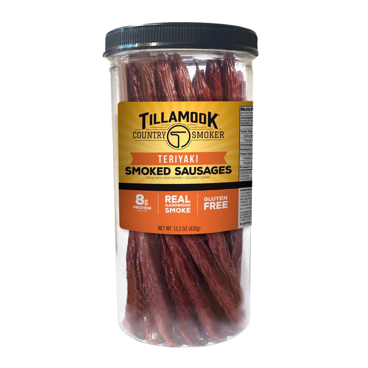 Tillamook Country Smoker tall jar front view showing teriyaki sticks and resealable lid benefit: easy storage