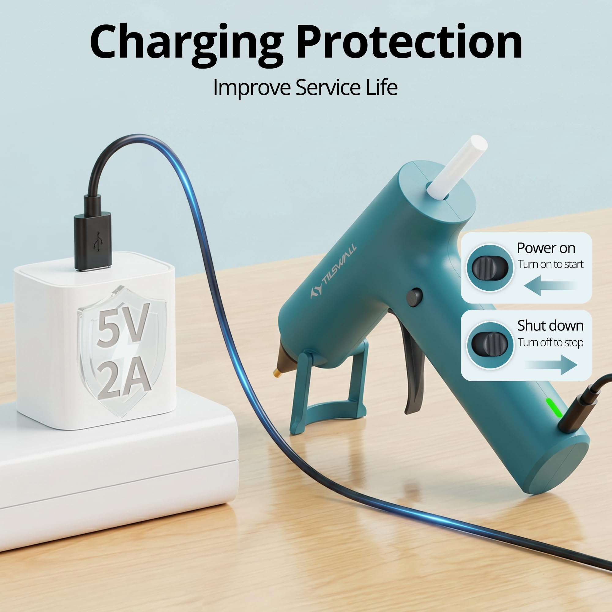 TILSWALL USB charging port detail illustrating recommended 5V/2A recharge convenience